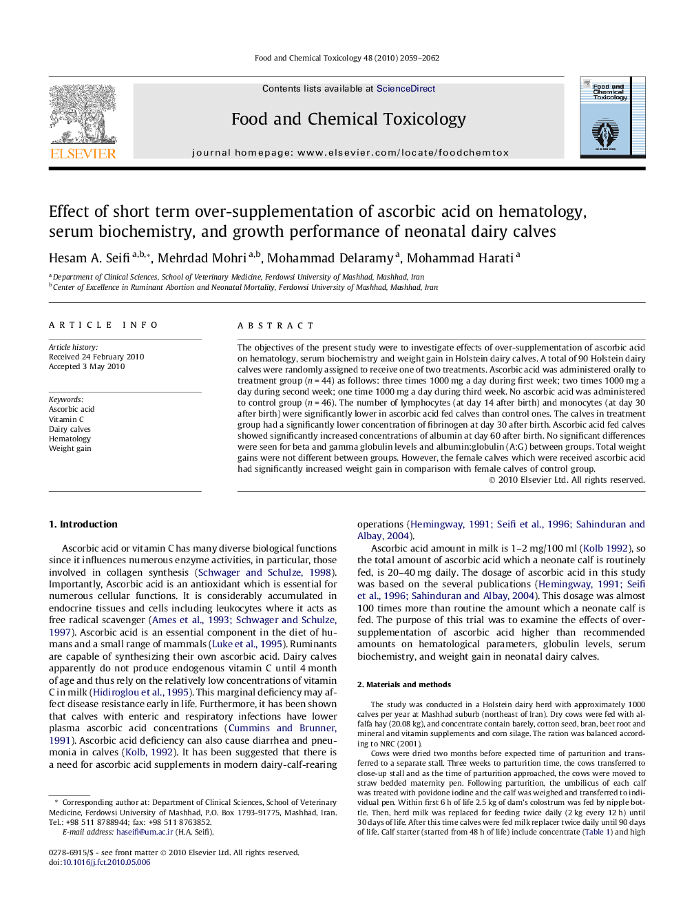 Effect of short term over-supplementation of ascorbic acid on hematology, serum biochemistry, and growth performance of neonatal dairy calves