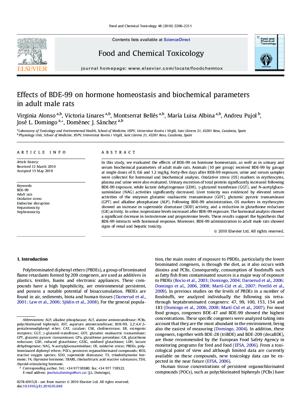 Effects of BDE-99 on hormone homeostasis and biochemical parameters in adult male rats