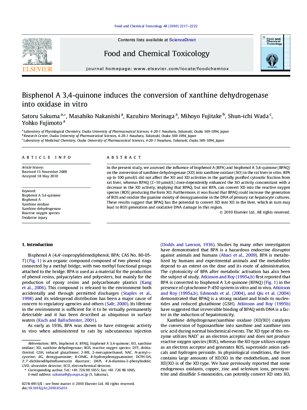 Bisphenol A 3,4-quinone induces the conversion of xanthine dehydrogenase into oxidase in vitro