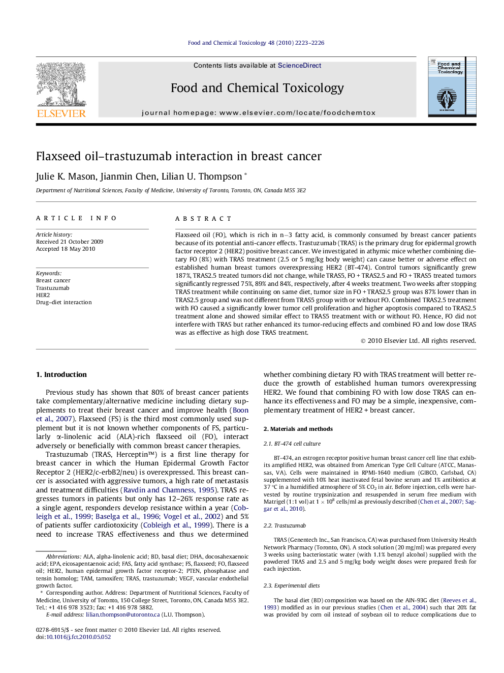 Flaxseed oil–trastuzumab interaction in breast cancer