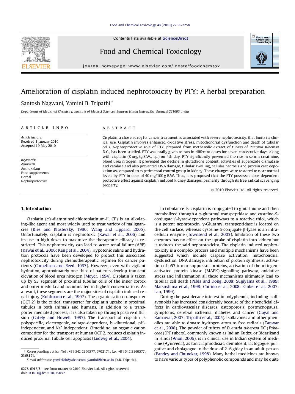 Amelioration of cisplatin induced nephrotoxicity by PTY: A herbal preparation