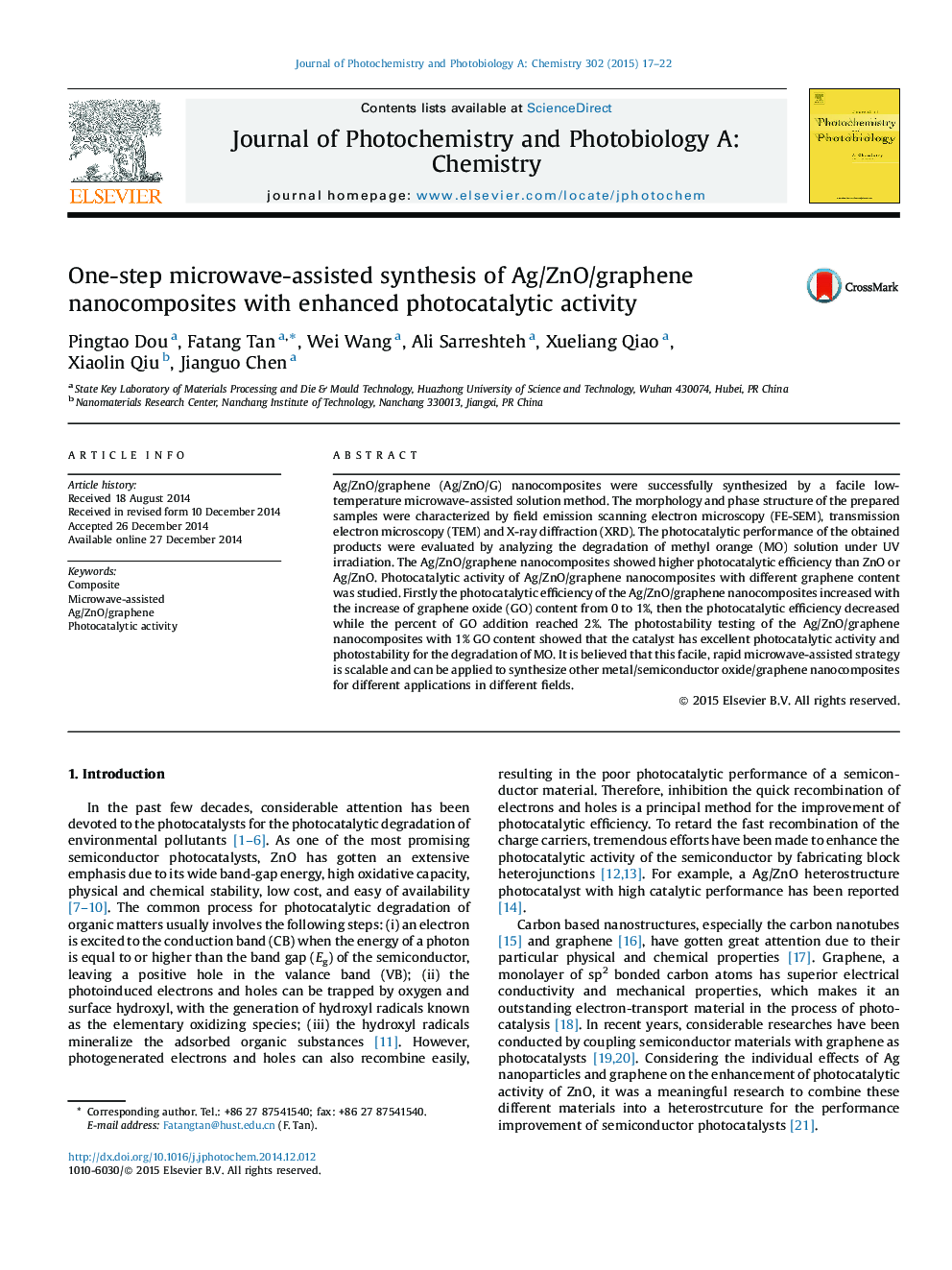 One-step microwave-assisted synthesis of Ag/ZnO/graphene nanocomposites with enhanced photocatalytic activity