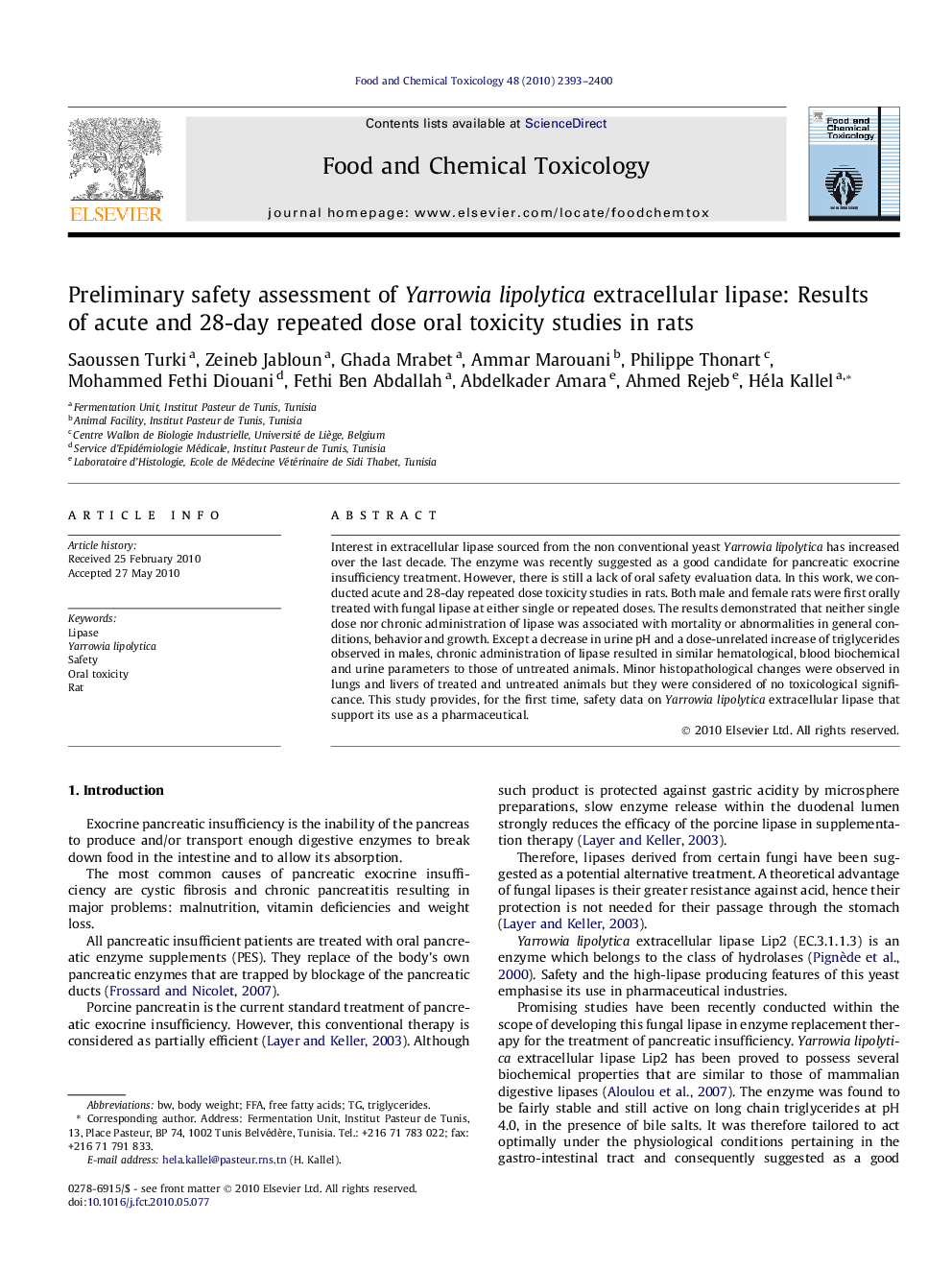 Preliminary safety assessment of Yarrowia lipolytica extracellular lipase: Results of acute and 28-day repeated dose oral toxicity studies in rats