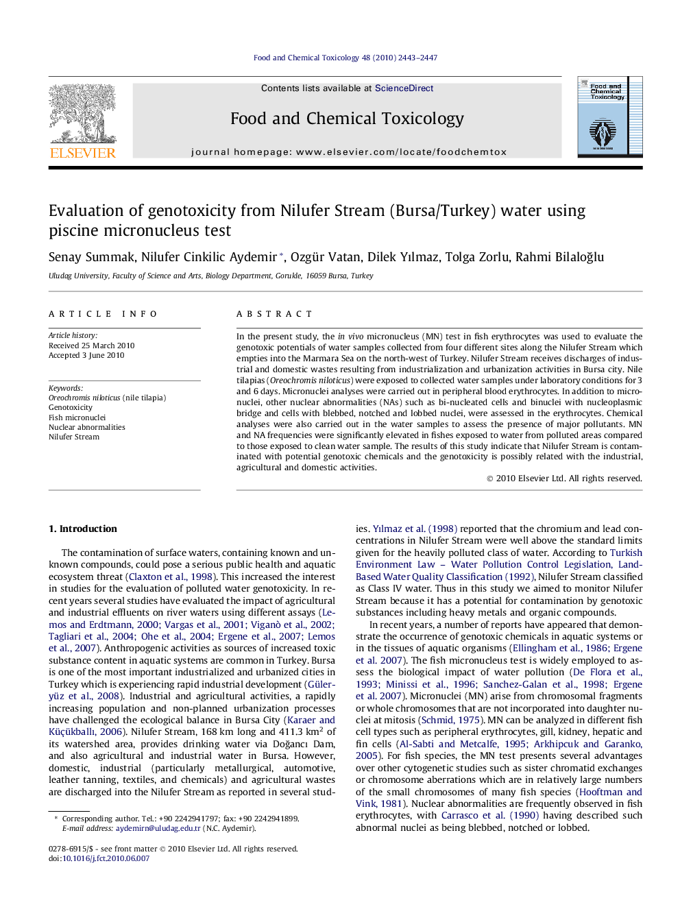 Evaluation of genotoxicity from Nilufer Stream (Bursa/Turkey) water using piscine micronucleus test