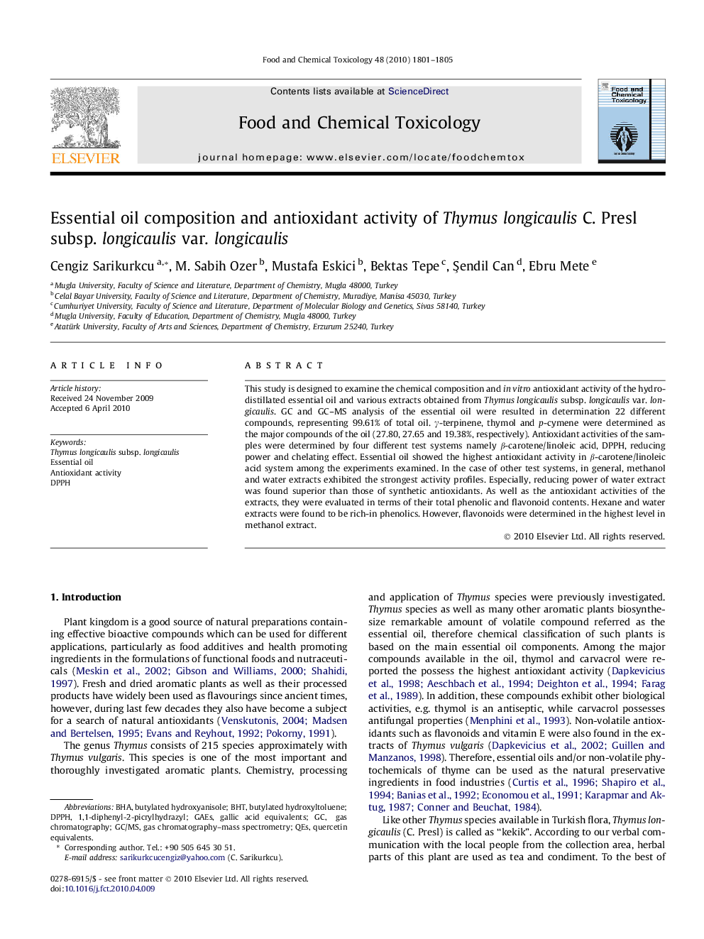 Essential oil composition and antioxidant activity of Thymus longicaulis C. Presl subsp. longicaulis var. longicaulis