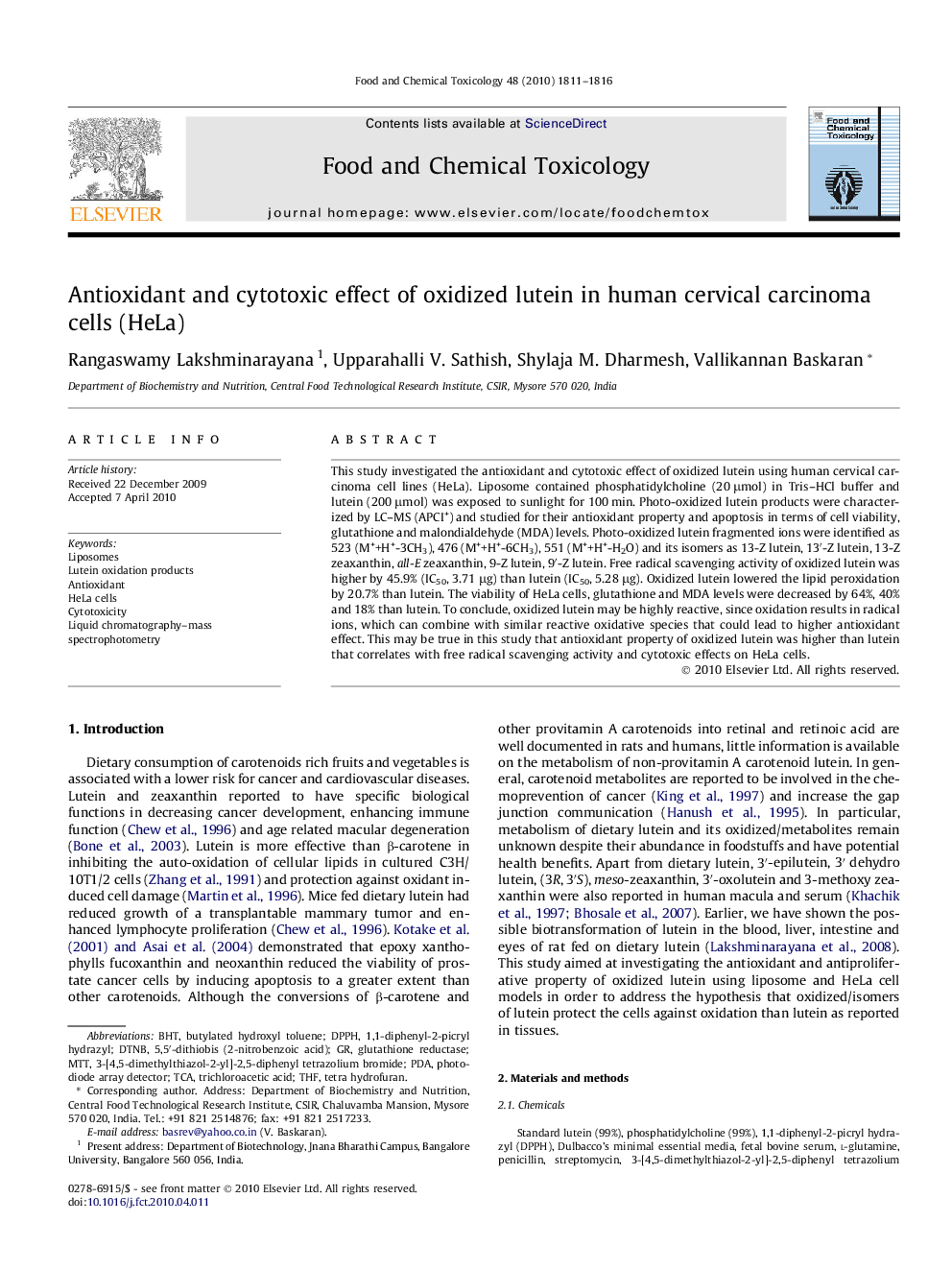 Antioxidant and cytotoxic effect of oxidized lutein in human cervical carcinoma cells (HeLa)