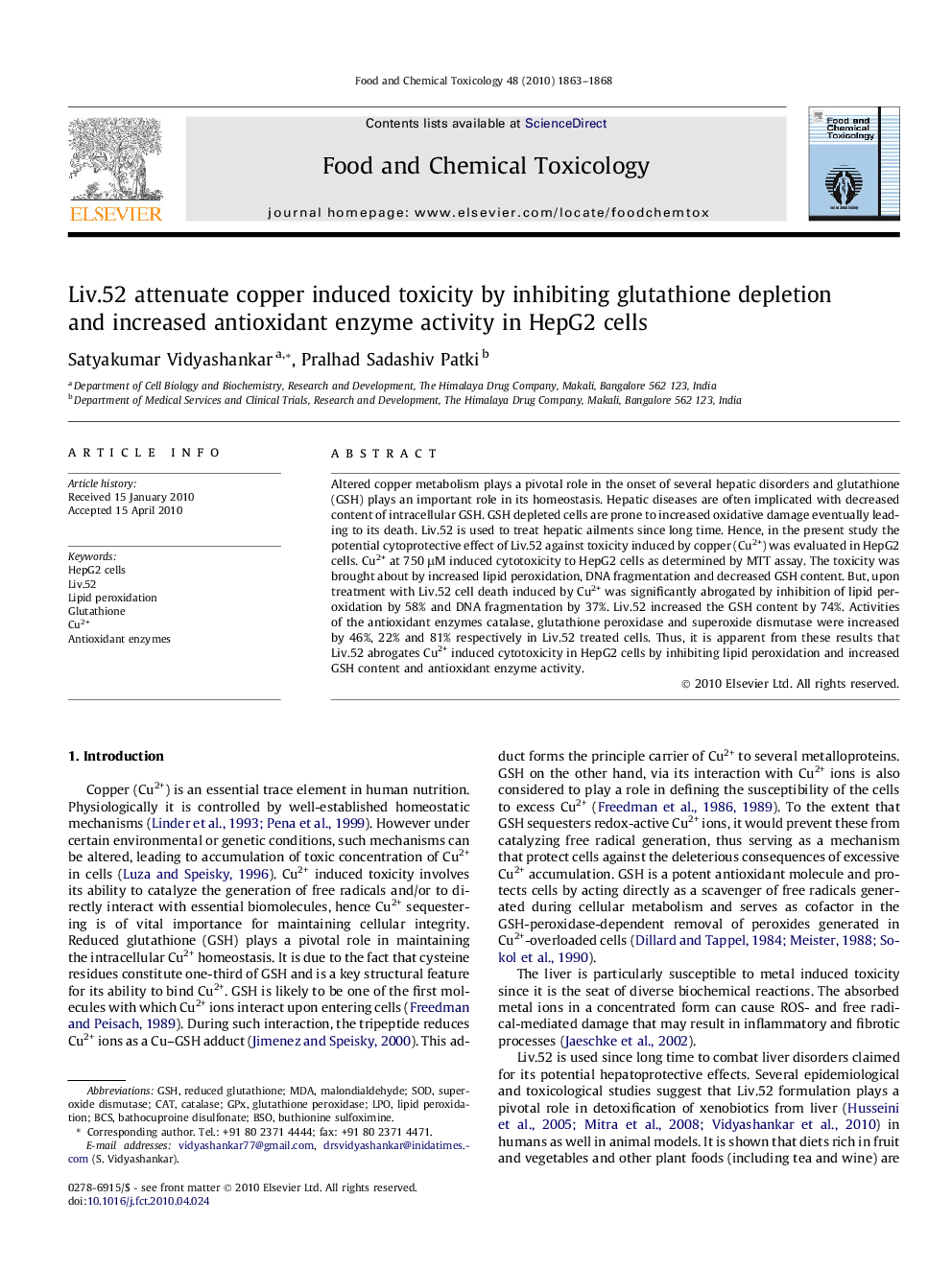 Liv.52 attenuate copper induced toxicity by inhibiting glutathione depletion and increased antioxidant enzyme activity in HepG2 cells