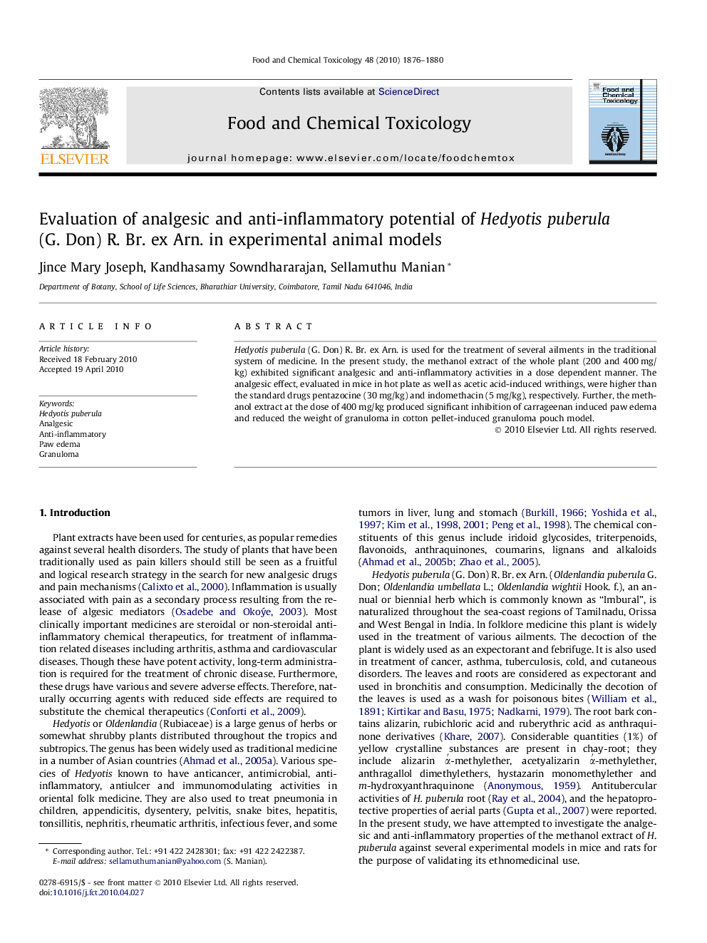 Evaluation of analgesic and anti-inflammatory potential of Hedyotis puberula (G. Don) R. Br. ex Arn. in experimental animal models