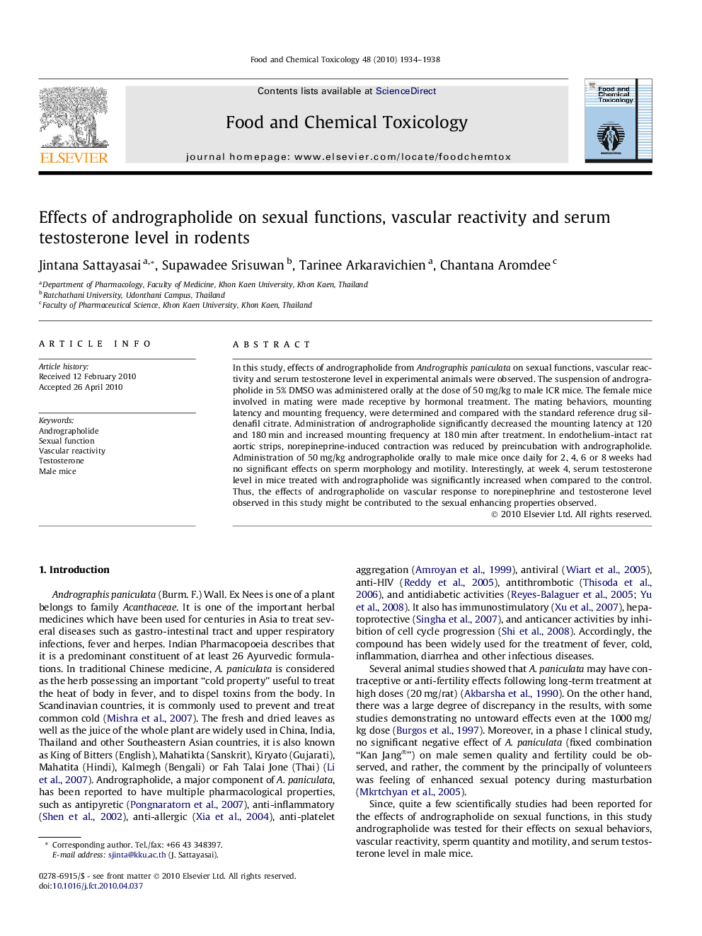 Effects of andrographolide on sexual functions, vascular reactivity and serum testosterone level in rodents