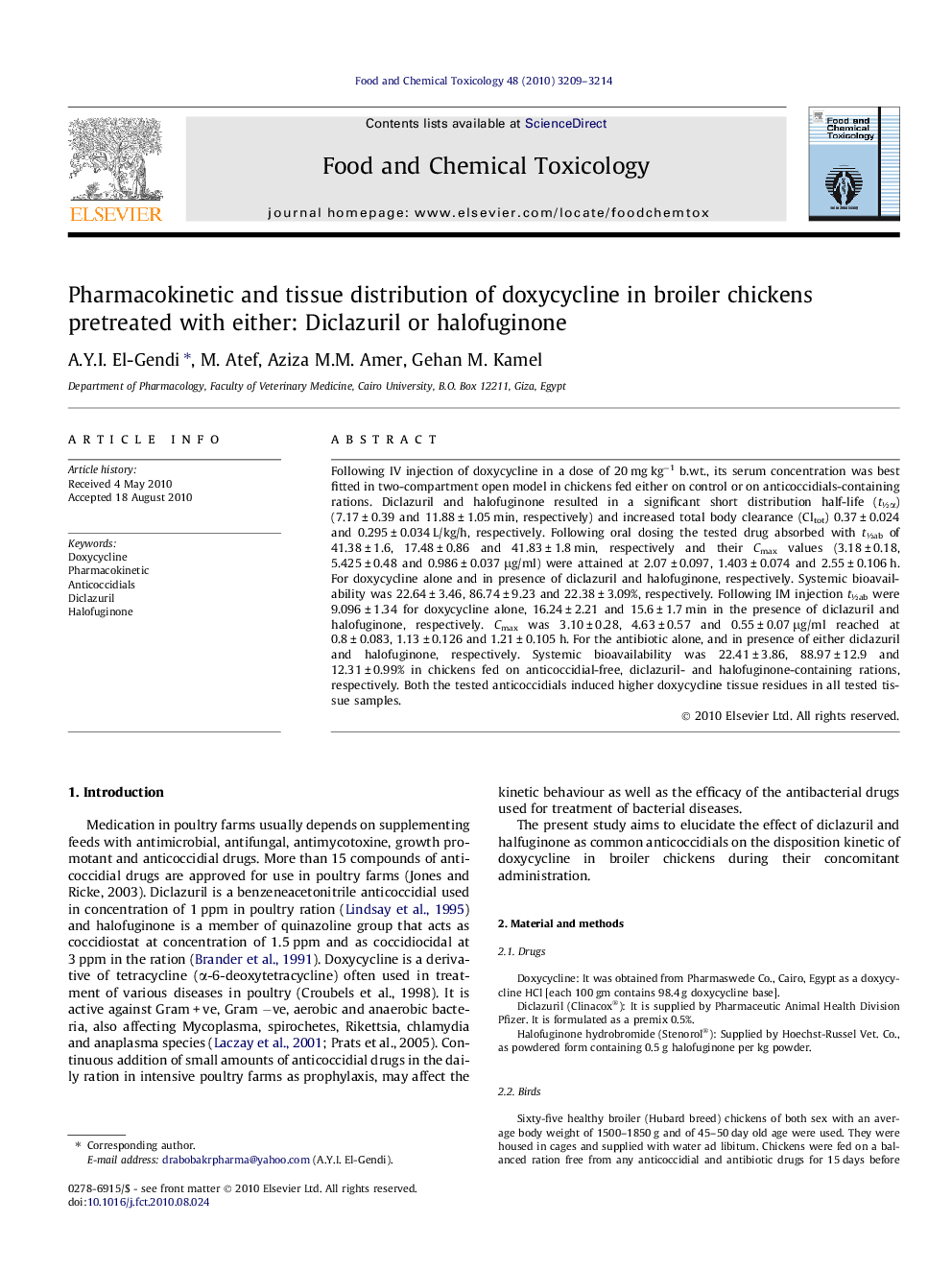 Pharmacokinetic and tissue distribution of doxycycline in broiler chickens pretreated with either: Diclazuril or halofuginone