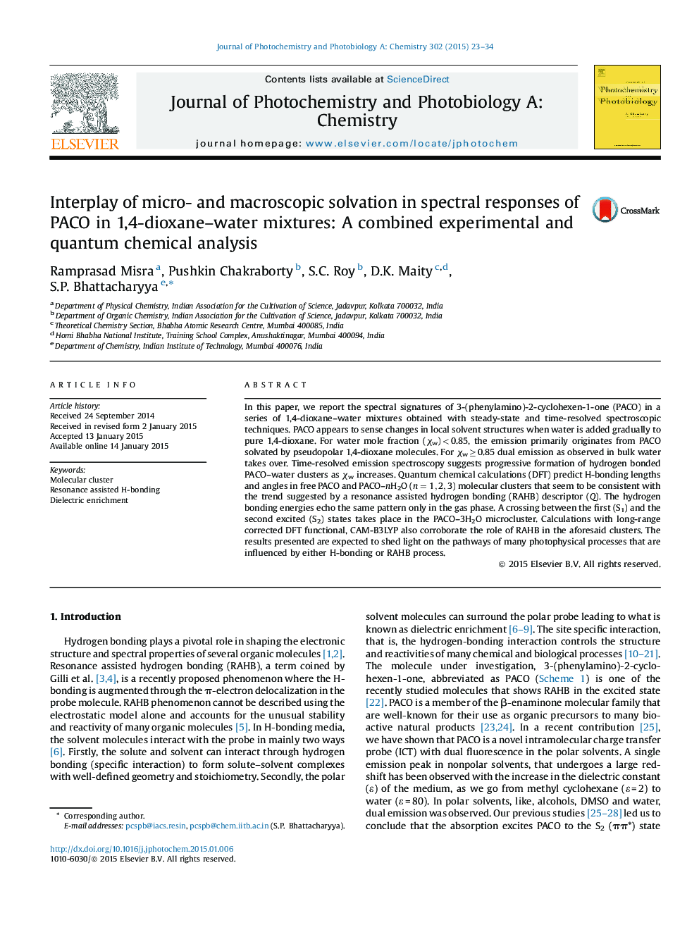 Interplay of micro- and macroscopic solvation in spectral responses of PACO in 1,4-dioxane–water mixtures: A combined experimental and quantum chemical analysis