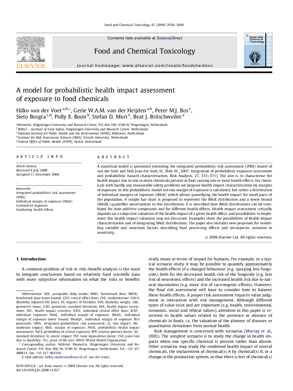 A model for probabilistic health impact assessment of exposure to food chemicals