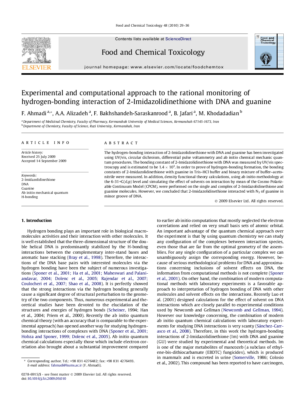 Experimental and computational approach to the rational monitoring of hydrogen-bonding interaction of 2-Imidazolidinethione with DNA and guanine