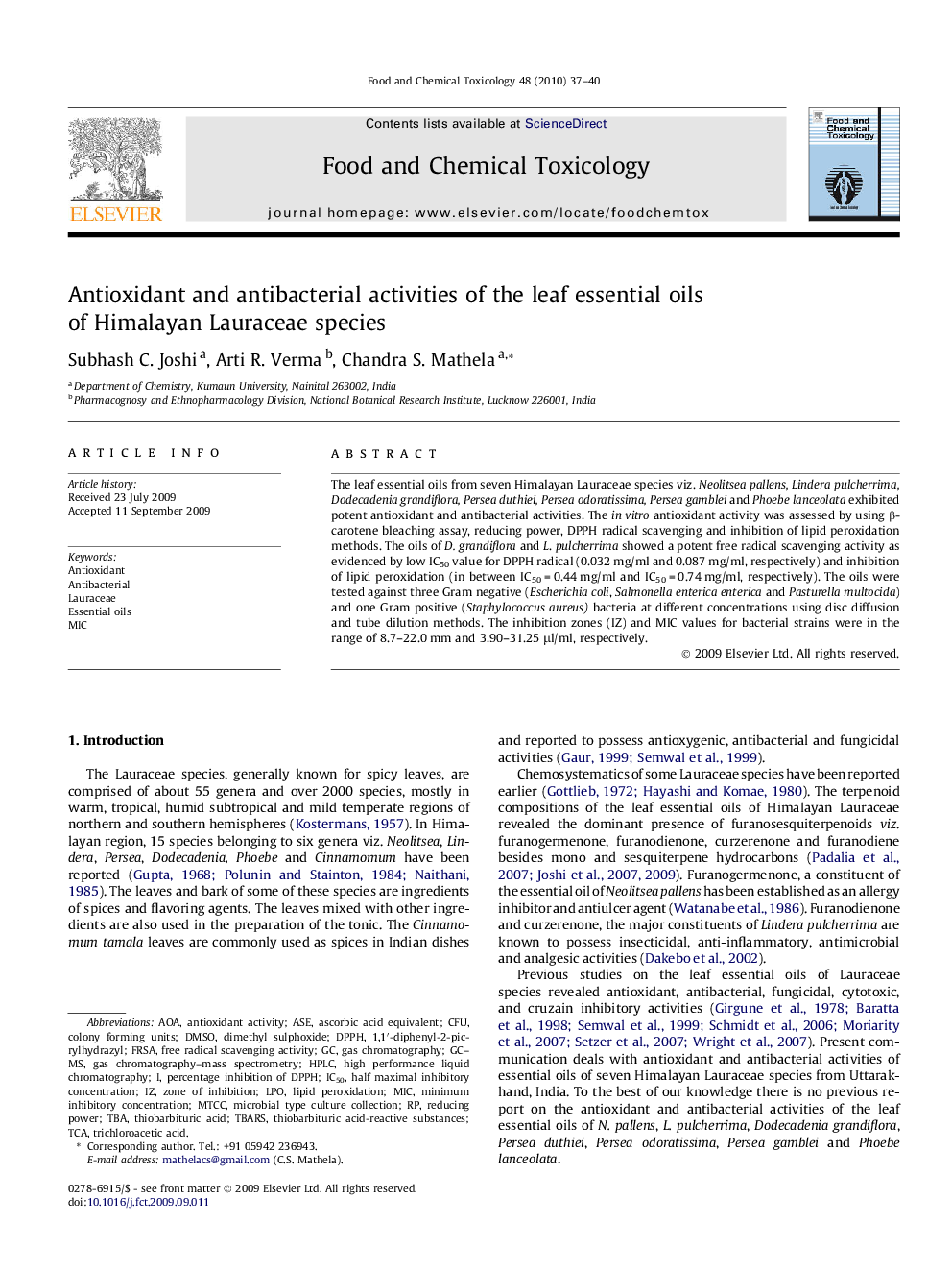 Antioxidant and antibacterial activities of the leaf essential oils of Himalayan Lauraceae species