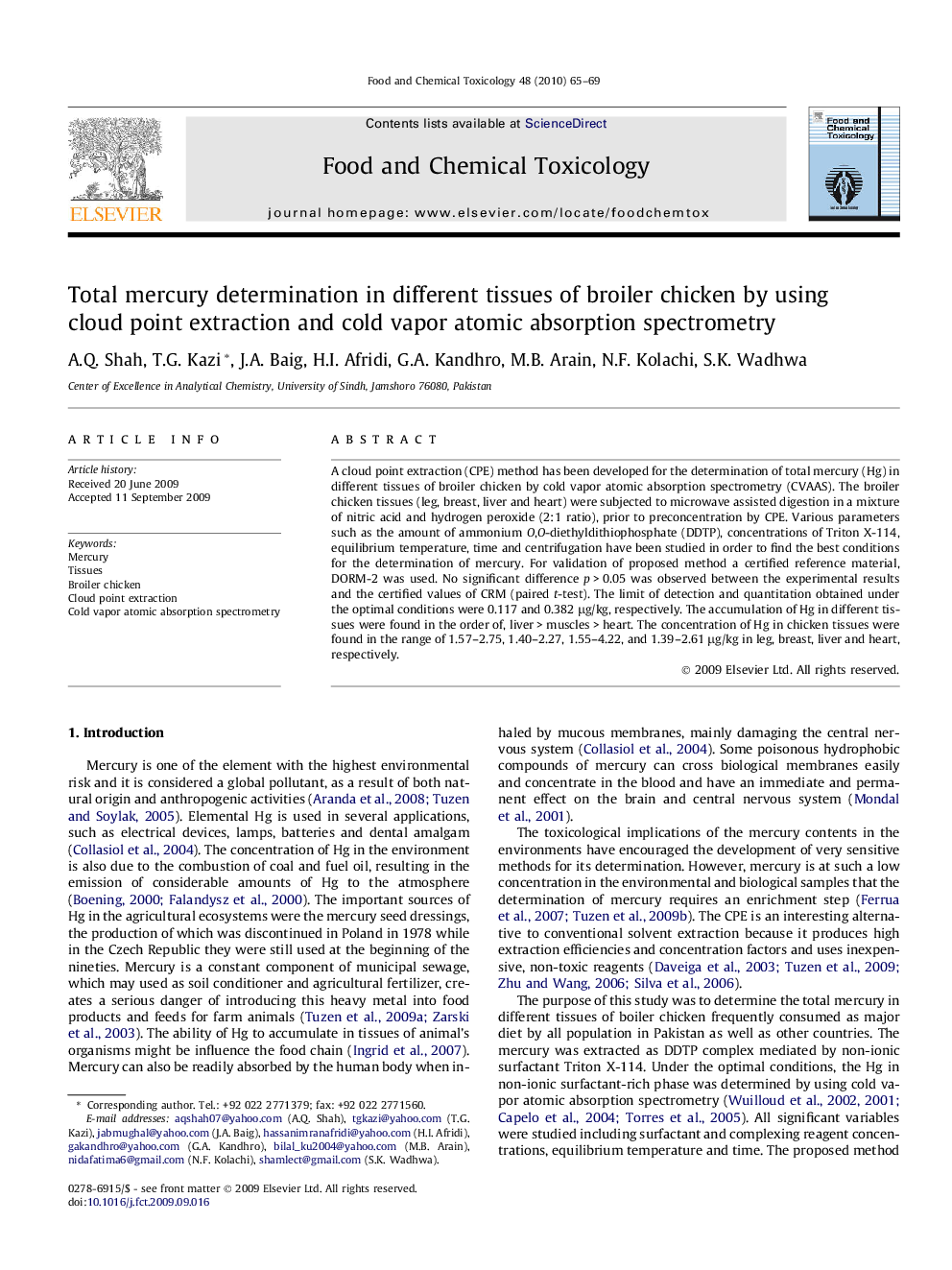 Total mercury determination in different tissues of broiler chicken by using cloud point extraction and cold vapor atomic absorption spectrometry