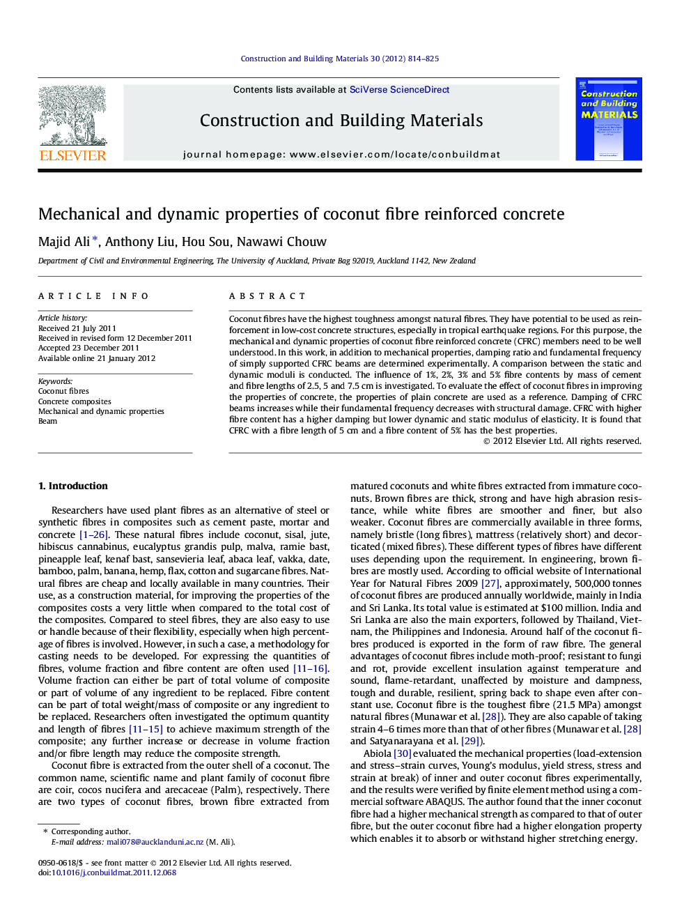 Mechanical and dynamic properties of coconut fibre reinforced concrete