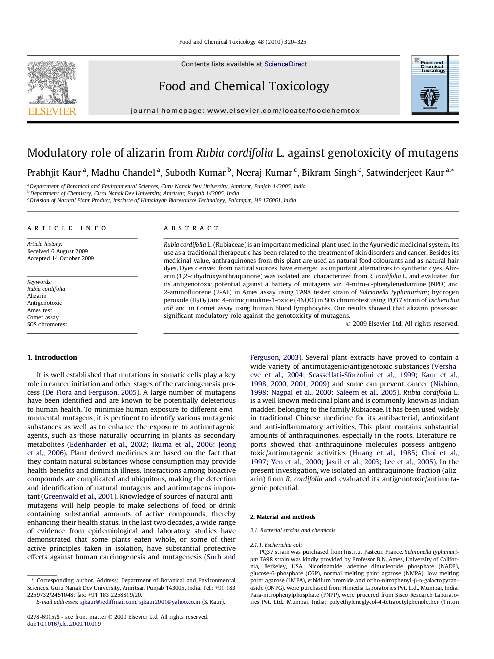 Modulatory role of alizarin from Rubia cordifolia L. against genotoxicity of mutagens