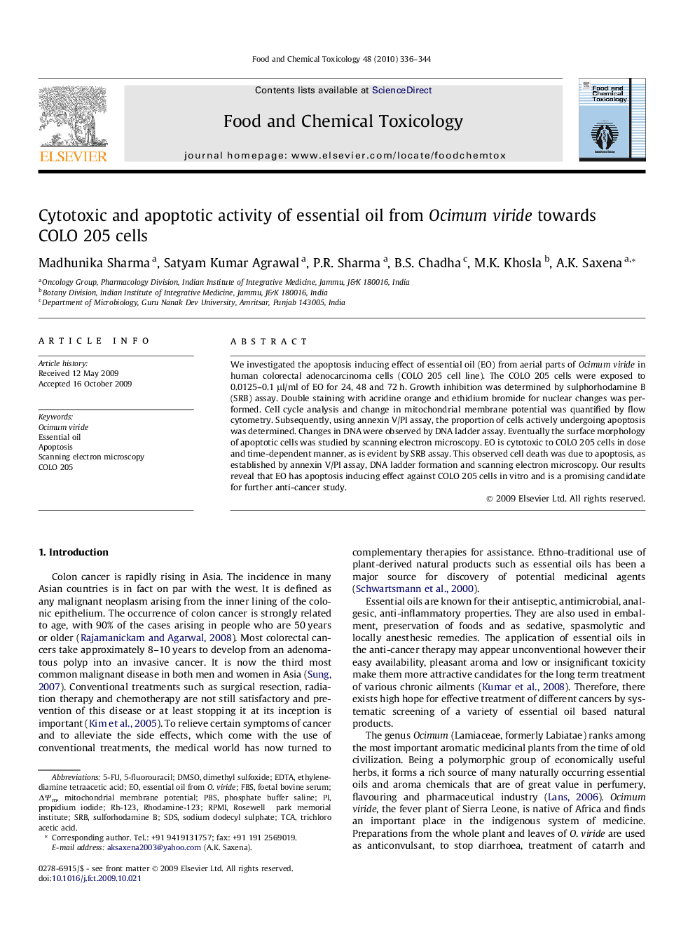 Cytotoxic and apoptotic activity of essential oil from Ocimumviride towards COLO 205 cells