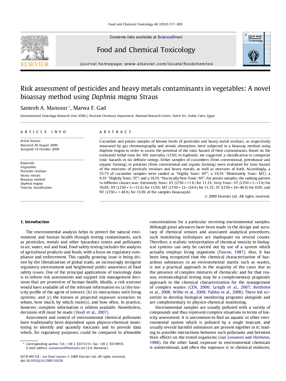 Risk assessment of pesticides and heavy metals contaminants in vegetables: A novel bioassay method using Daphnia magna Straus