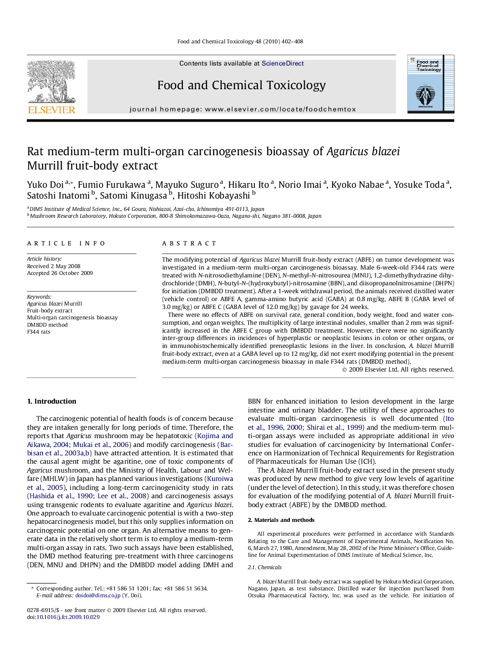 Rat medium-term multi-organ carcinogenesis bioassay of Agaricus blazei Murrill fruit-body extract