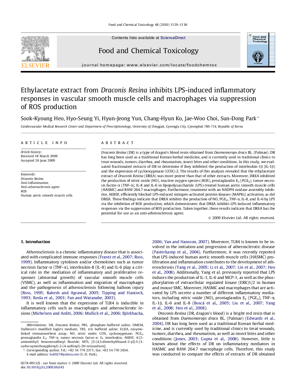 Ethylacetate extract from DraconisResina inhibits LPS-induced inflammatory responses in vascular smooth muscle cells and macrophages via suppression of ROS production