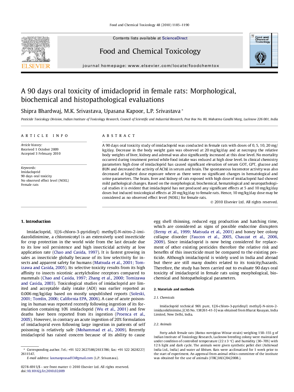 A 90 days oral toxicity of imidacloprid in female rats: Morphological, biochemical and histopathological evaluations