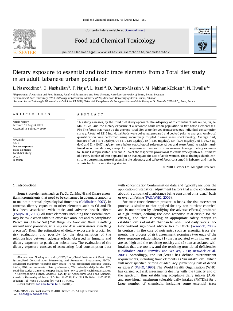 Dietary exposure to essential and toxic trace elements from a Total diet study in an adult Lebanese urban population