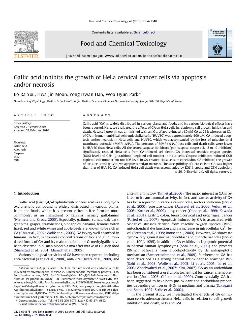 Gallic acid inhibits the growth of HeLa cervical cancer cells via apoptosis and/or necrosis