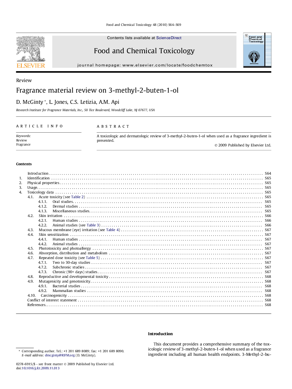 Fragrance material review on 3-methyl-2-buten-1-ol