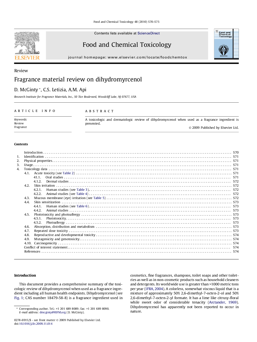 Fragrance material review on dihydromyrcenol