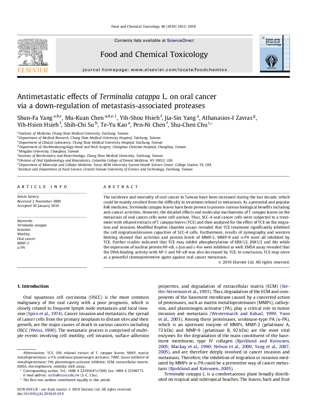 Antimetastatic effects of Terminalia catappa L. on oral cancer via a down-regulation of metastasis-associated proteases