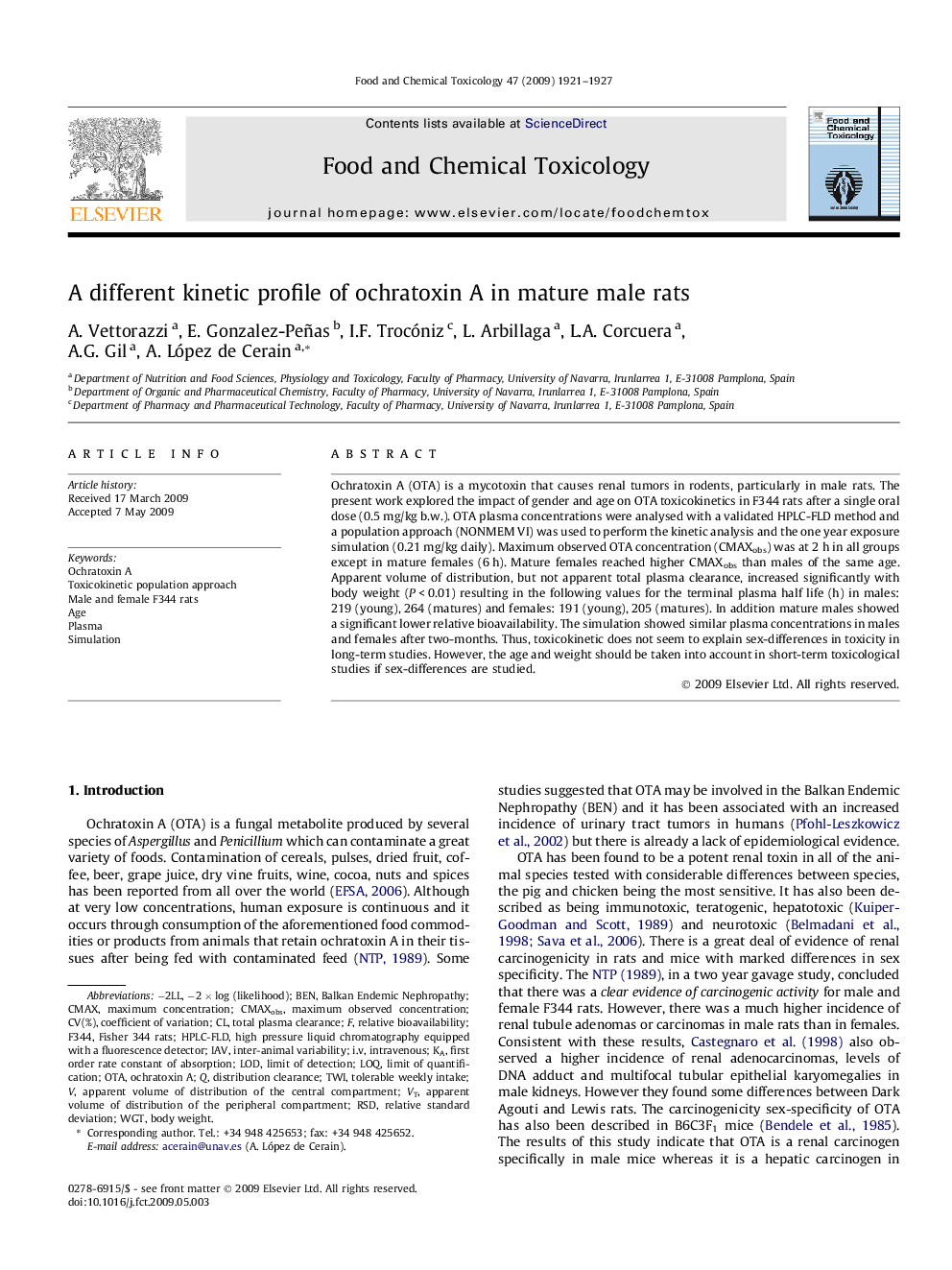 A different kinetic profile of ochratoxin A in mature male rats