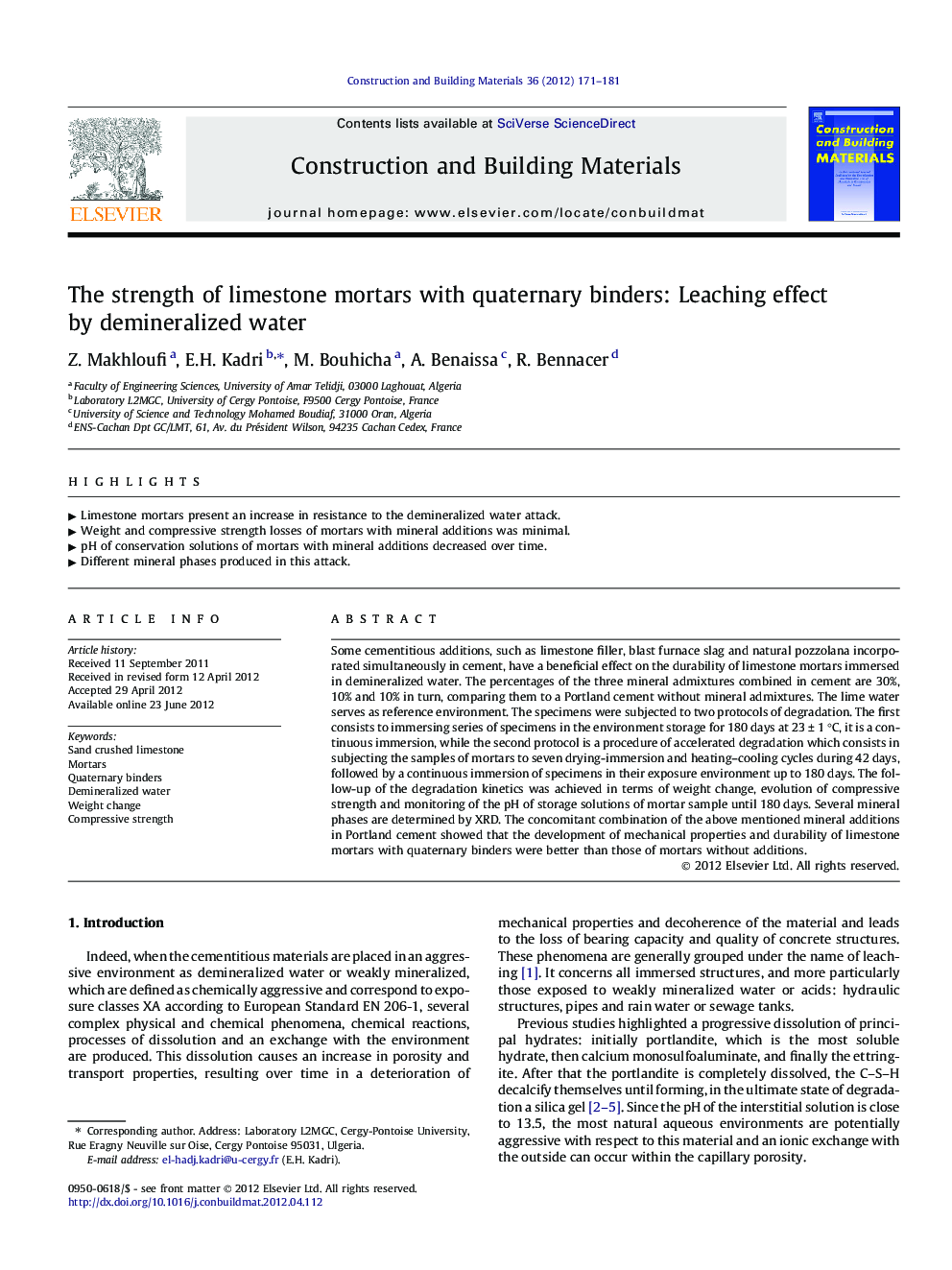 The strength of limestone mortars with quaternary binders: Leaching effect by demineralized water