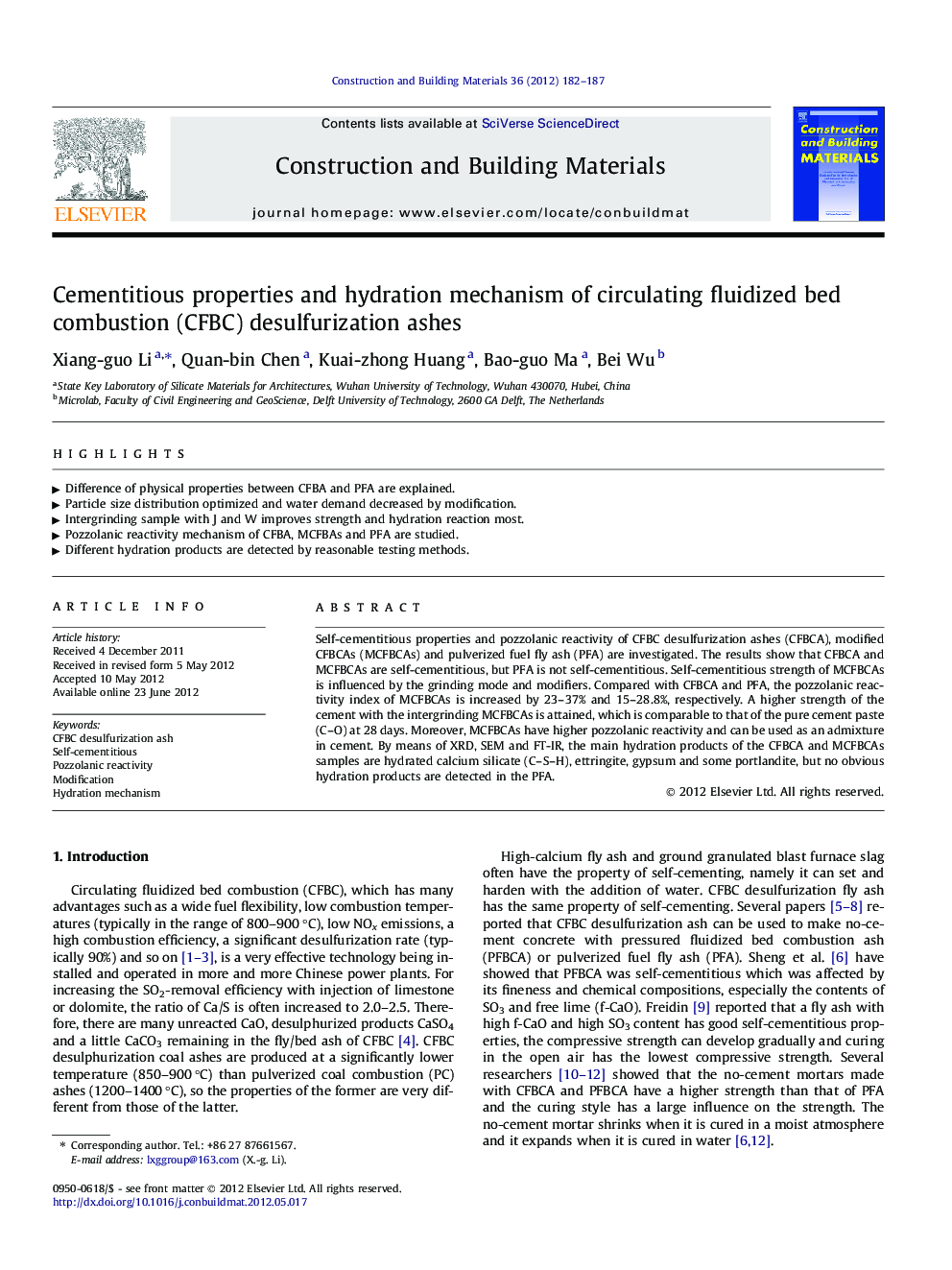 Cementitious properties and hydration mechanism of circulating fluidized bed combustion (CFBC) desulfurization ashes