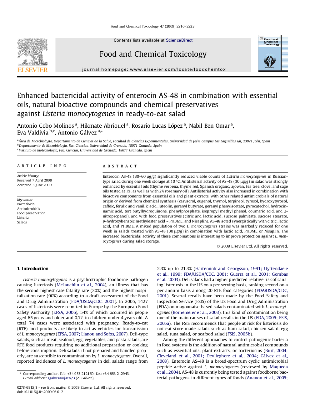 Enhanced bactericidal activity of enterocin AS-48 in combination with essential oils, natural bioactive compounds and chemical preservatives against Listeria monocytogenes in ready-to-eat salad