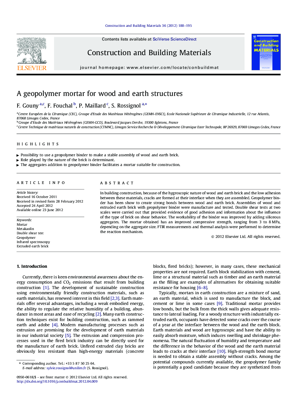 A geopolymer mortar for wood and earth structures