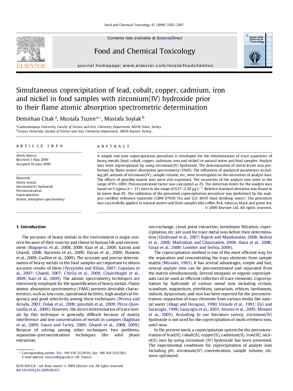 Simultaneous coprecipitation of lead, cobalt, copper, cadmium, iron and nickel in food samples with zirconium(IV) hydroxide prior to their flame atomic absorption spectrometric determination