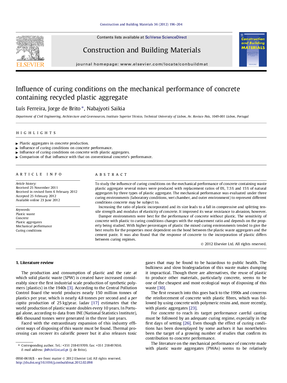 Influence of curing conditions on the mechanical performance of concrete containing recycled plastic aggregate