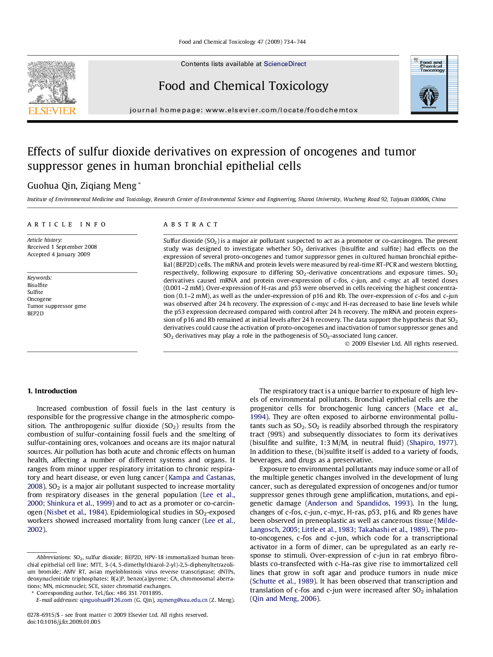 Effects of sulfur dioxide derivatives on expression of oncogenes and tumor suppressor genes in human bronchial epithelial cells