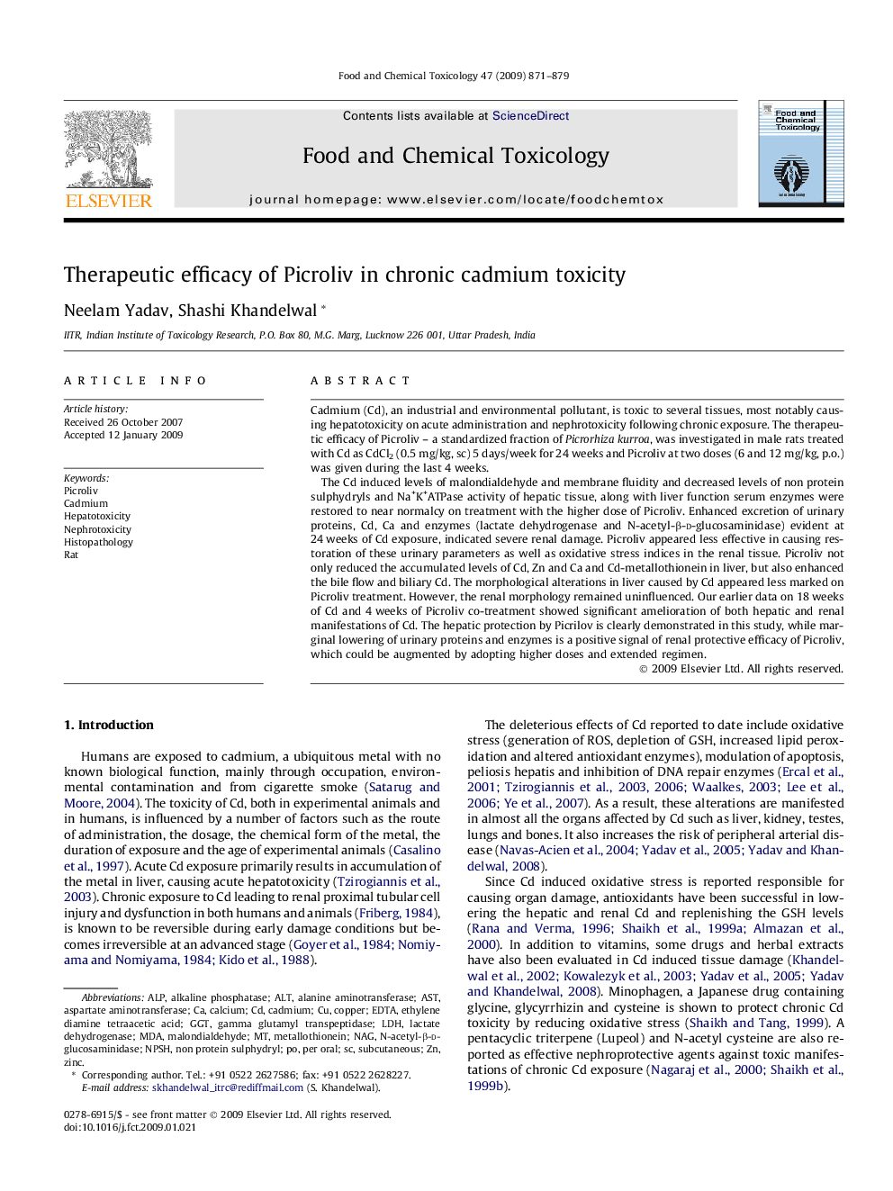 Therapeutic efficacy of Picroliv in chronic cadmium toxicity