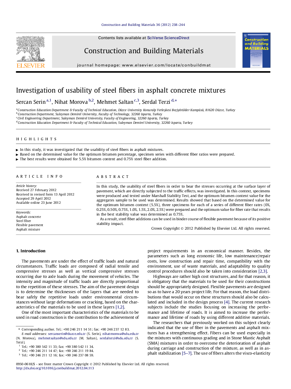 عکس صفحه اول مقاله: Investigation of usability of steel fibers in asphalt concrete mixtures Investigation of usability of steel fibers in asphalt concrete mixtures