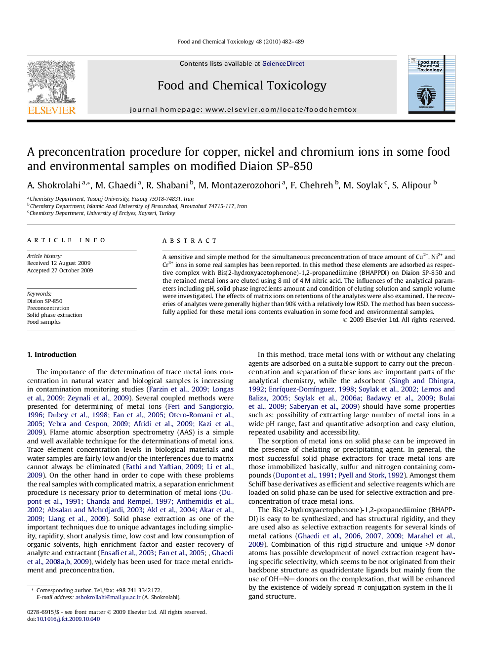 A preconcentration procedure for copper, nickel and chromium ions in some food and environmental samples on modified Diaion SP-850