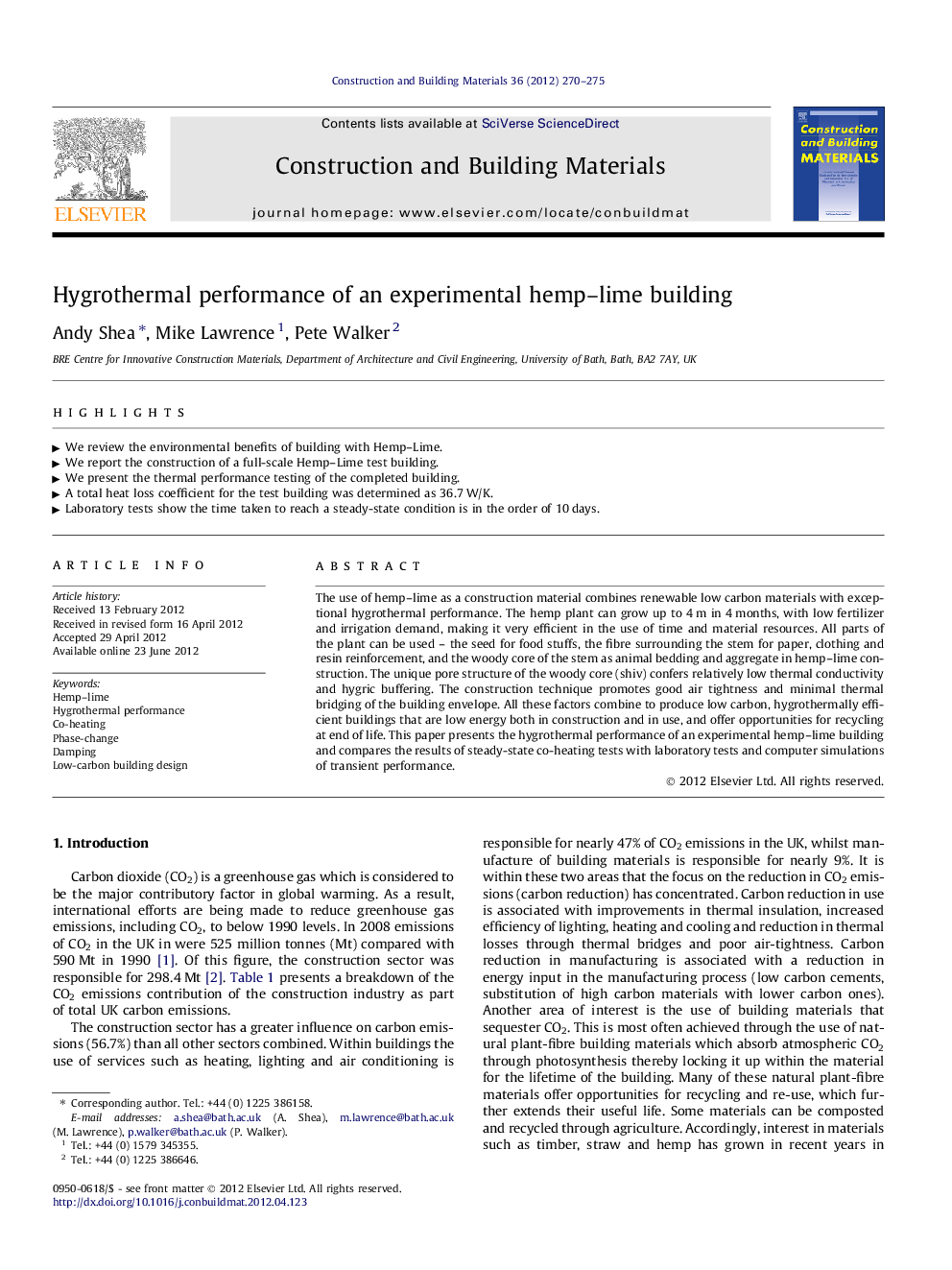 Hygrothermal performance of an experimental hemp–lime building