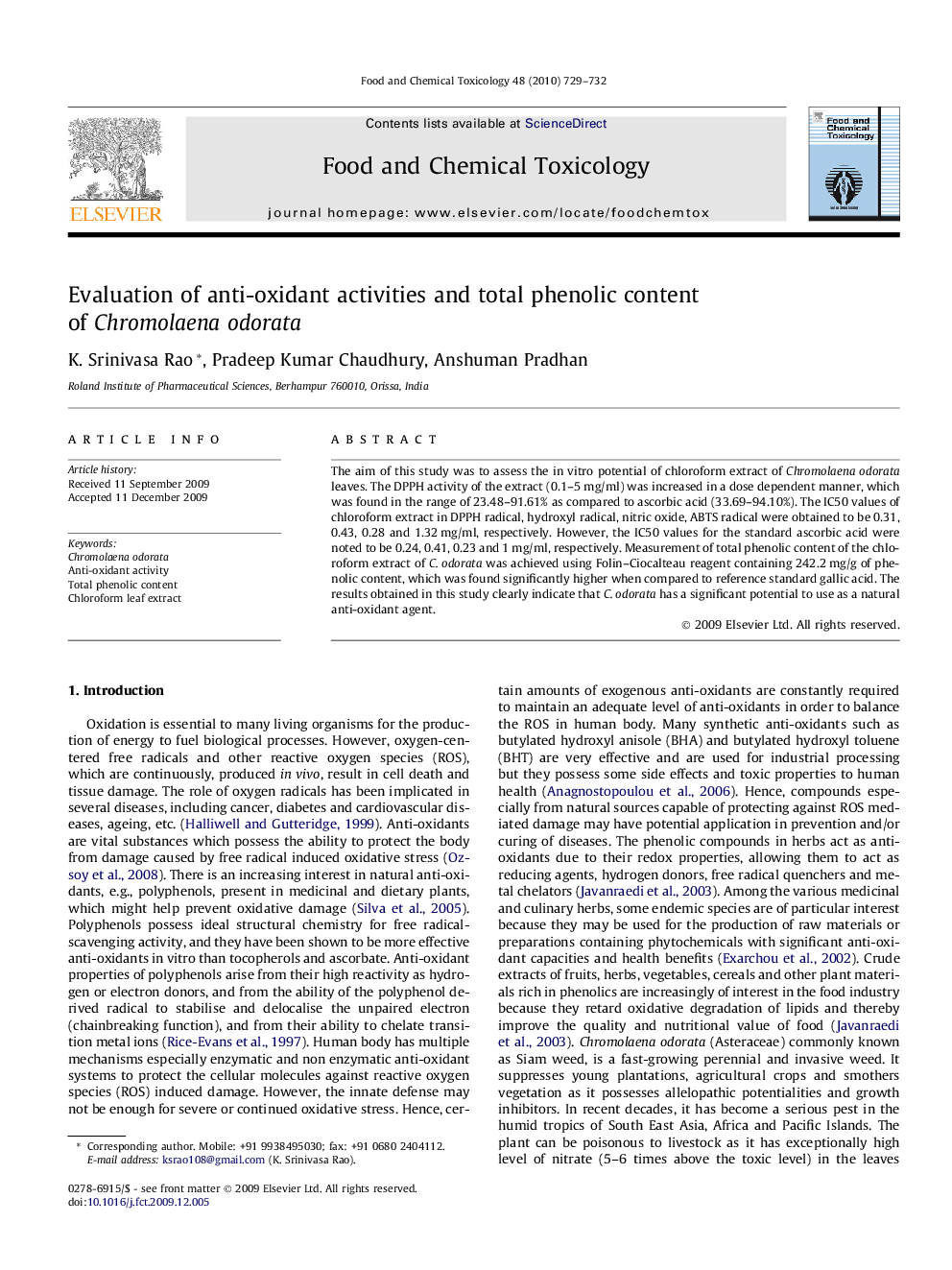 Evaluation of anti-oxidant activities and total phenolic content of Chromolaena odorata