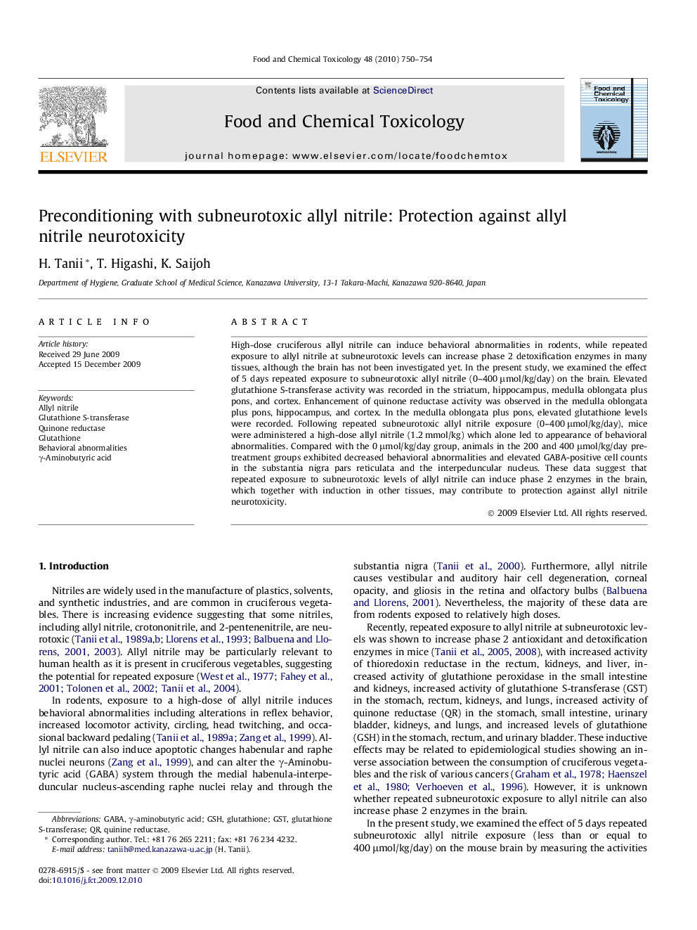 Preconditioning with subneurotoxic allyl nitrile: Protection against allyl nitrile neurotoxicity