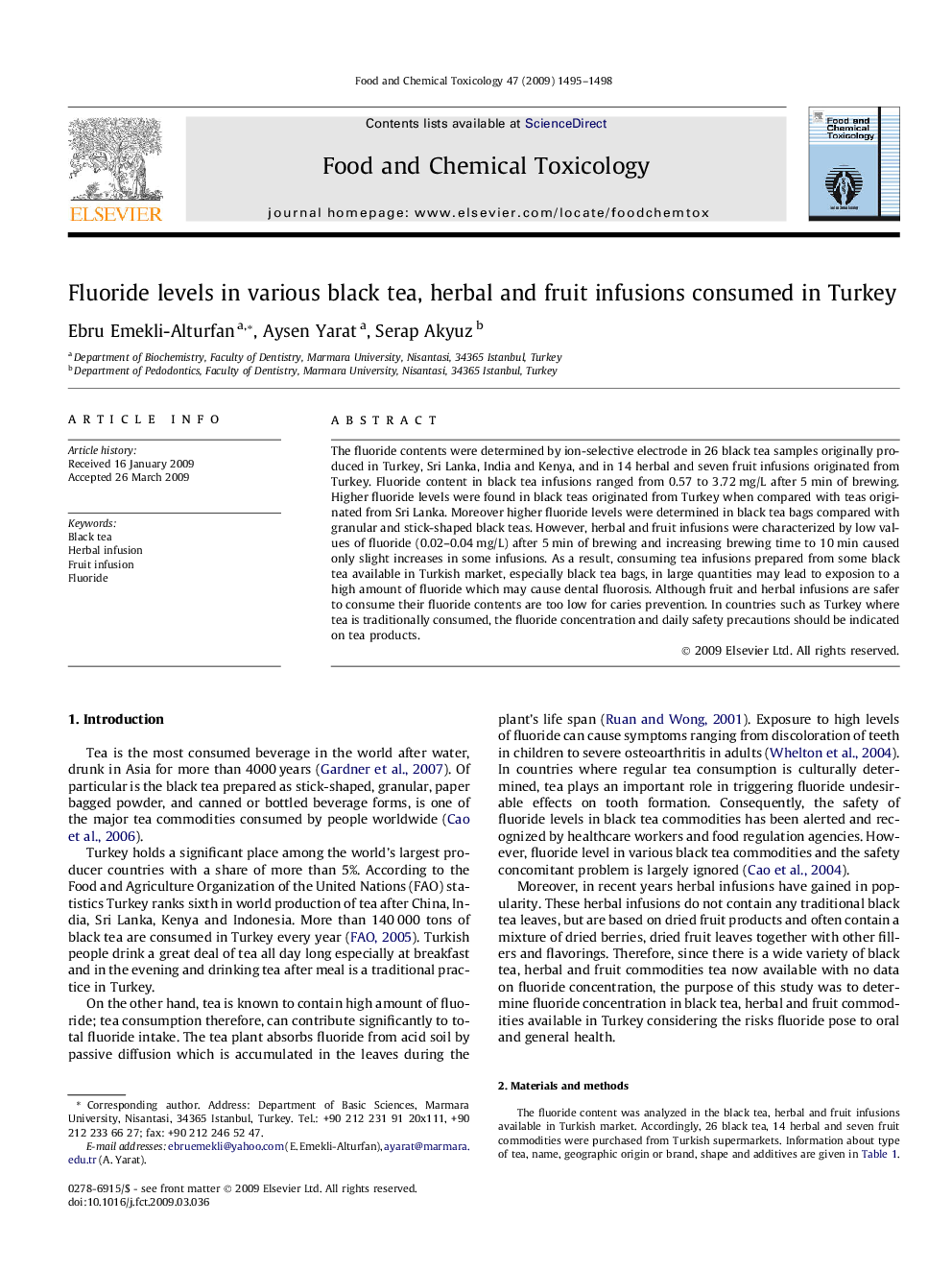 Fluoride levels in various black tea, herbal and fruit infusions consumed in Turkey