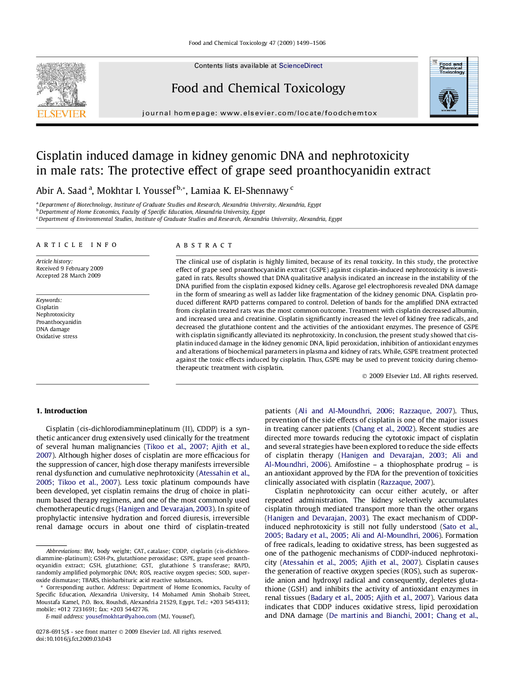 Cisplatin induced damage in kidney genomic DNA and nephrotoxicity in male rats: The protective effect of grape seed proanthocyanidin extract