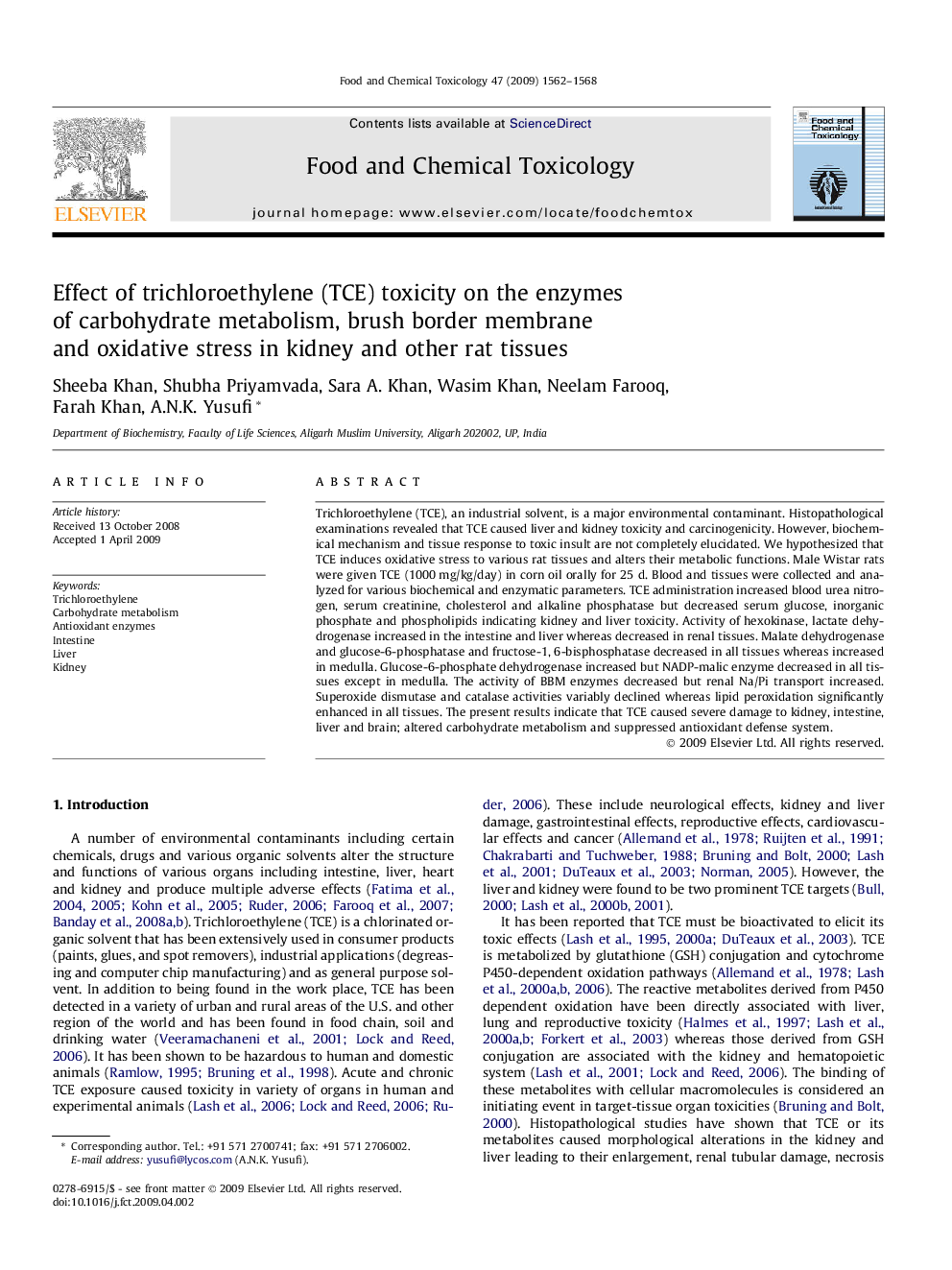 Effect of trichloroethylene (TCE) toxicity on the enzymes of carbohydrate metabolism, brush border membrane and oxidative stress in kidney and other rat tissues