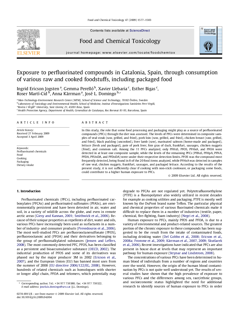 Exposure to perfluorinated compounds in Catalonia, Spain, through consumption of various raw and cooked foodstuffs, including packaged food