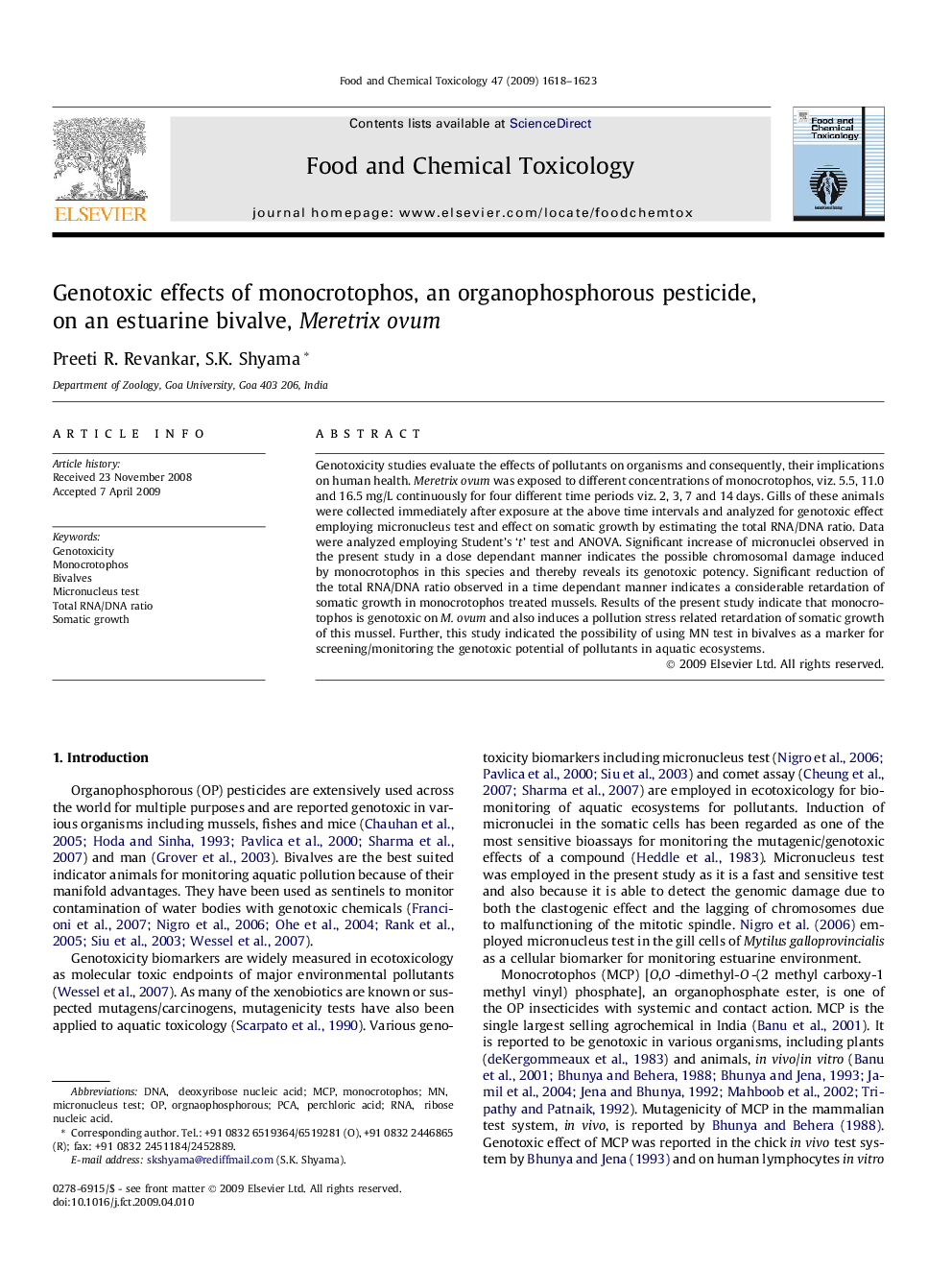 Genotoxic effects of monocrotophos, an organophosphorous pesticide, on an estuarine bivalve, Meretrix ovum